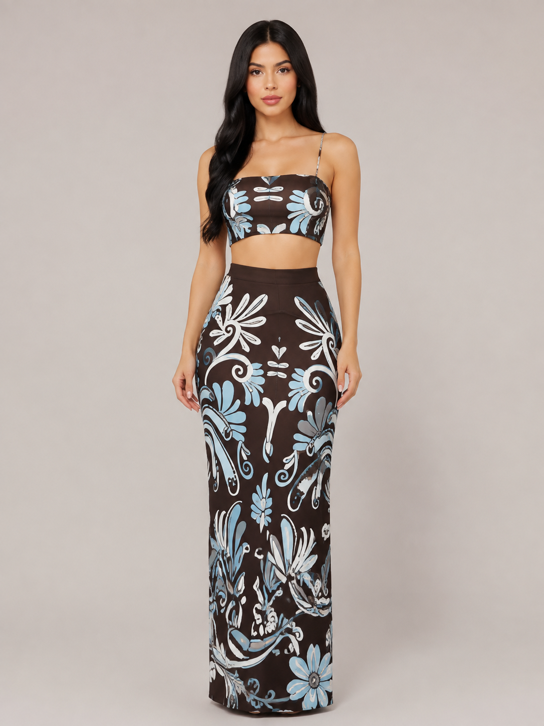 Conjunto Cropped e Saia Longa Jardim Azul