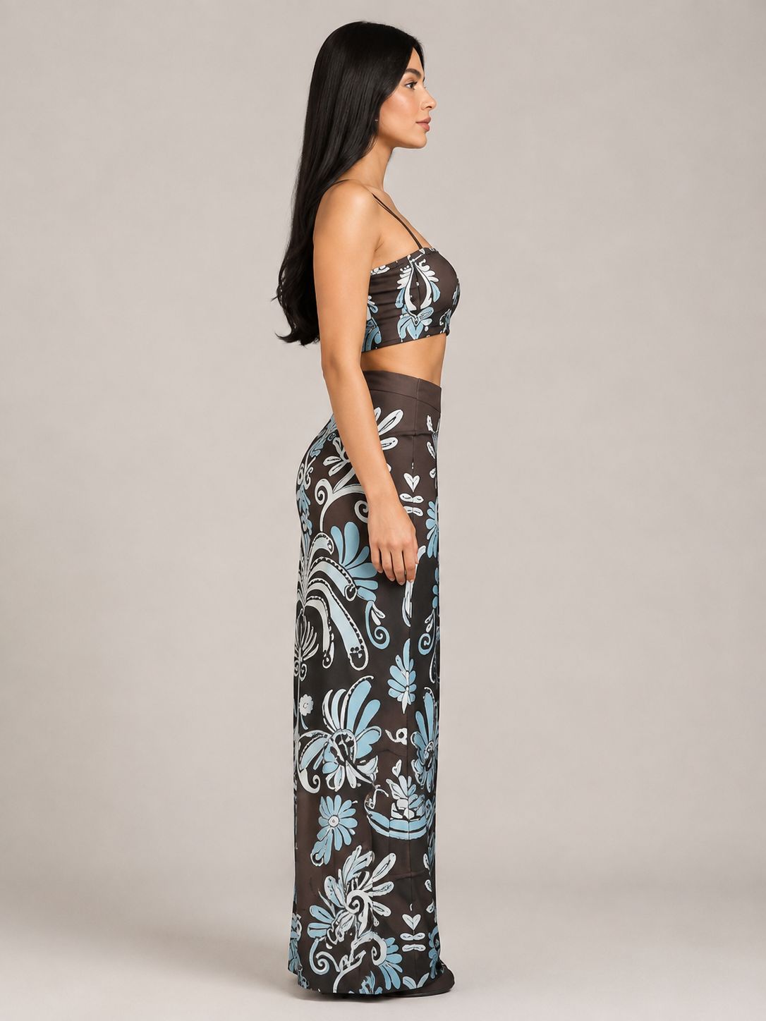 Conjunto Cropped e Saia Longa Jardim Azul