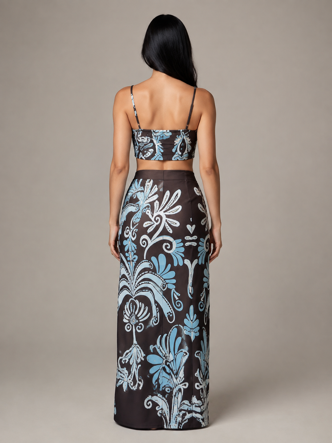 Conjunto Cropped e Saia Longa Jardim Azul